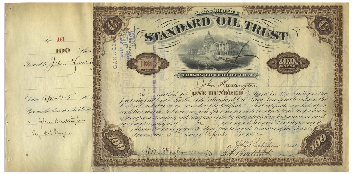 John D. Rockefeller Signed Stock Certificate for Standard Oil Trust -- Signed by Rockefeller as President in 1882 to Oil Tycoon John Huntington